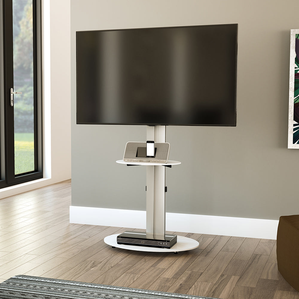 AVF Eno 60cm Pedestal TV Stand - Silver Column / White Glass Base and Shelf | FSL600ENSW from AVF - DID Electrical