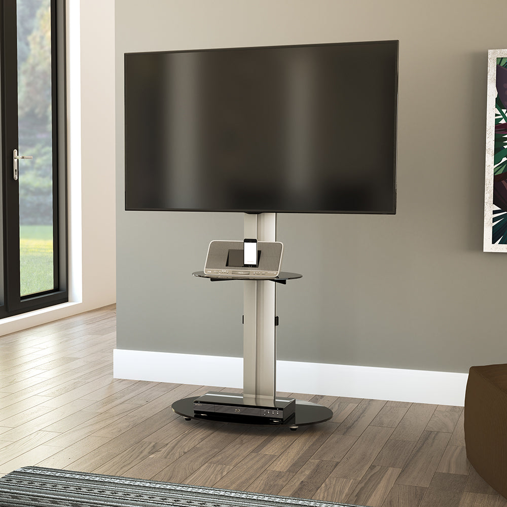 AVF Eno 60cm Oval Pedestal TV Stand with Shelf - Silver &amp; Black Glass | FSL600ENSB from AVF - DID Electrical