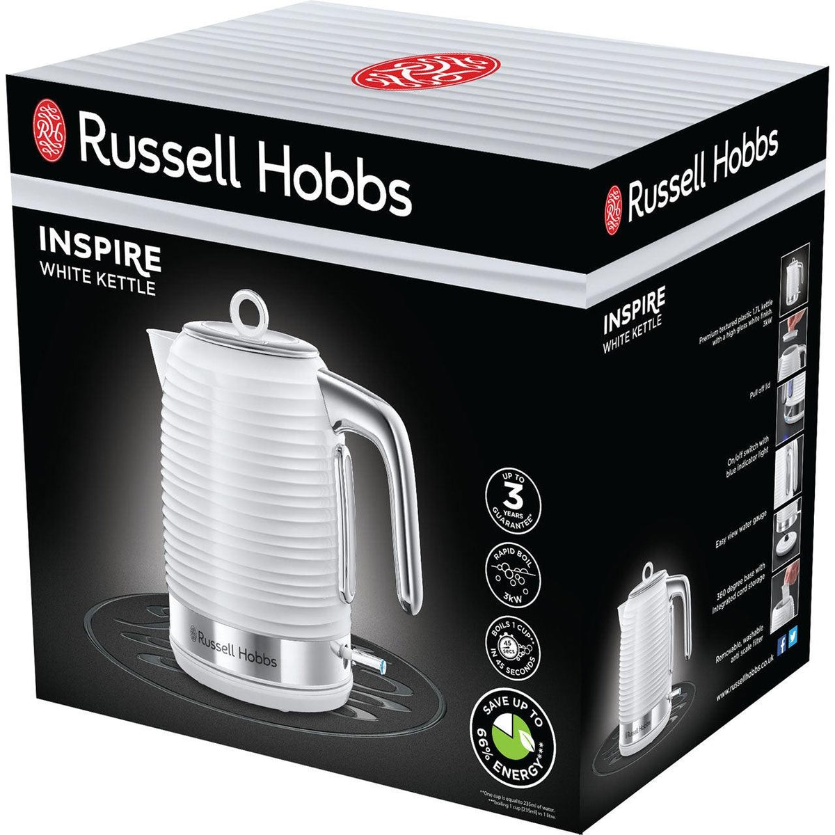 Russell Hobbs 1.7L 2400W Inspire Kettle - White | 24360 from DID Electrical - guaranteed Irish, guaranteed quality service. (6890818732220)